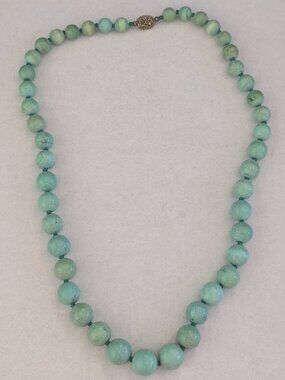Vtg. Green Turquoise Individual Knot Graduated Ball Beaded Ornate Clasp Necklace
